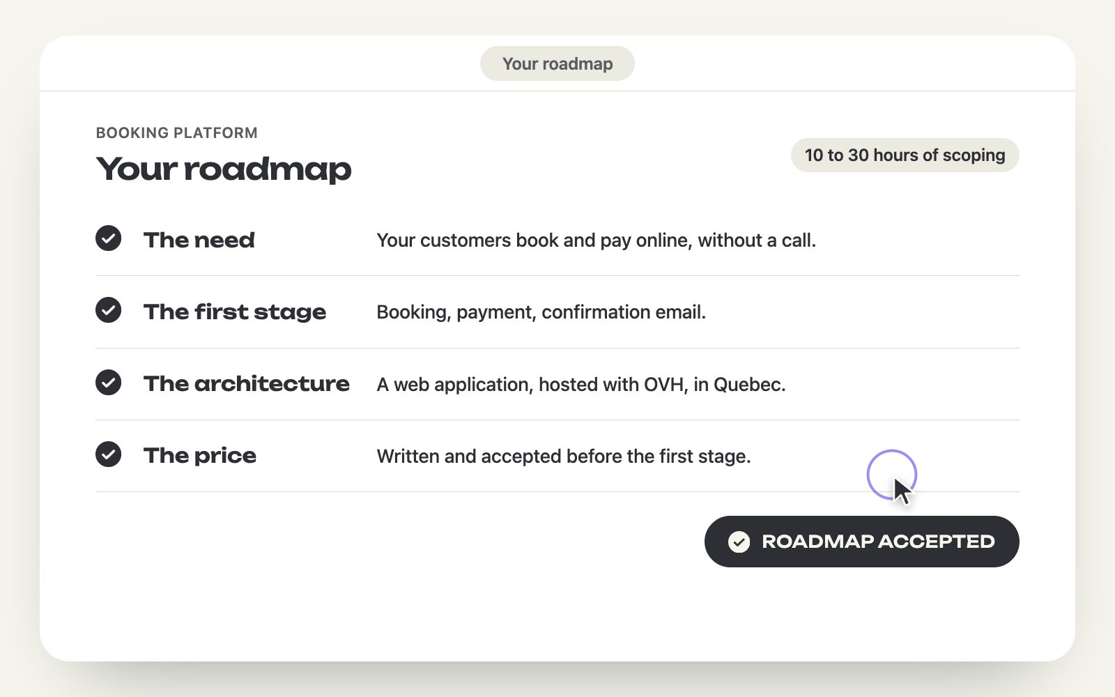An accepted roadmap: the need, the first stage, the architecture and the price, demonstration