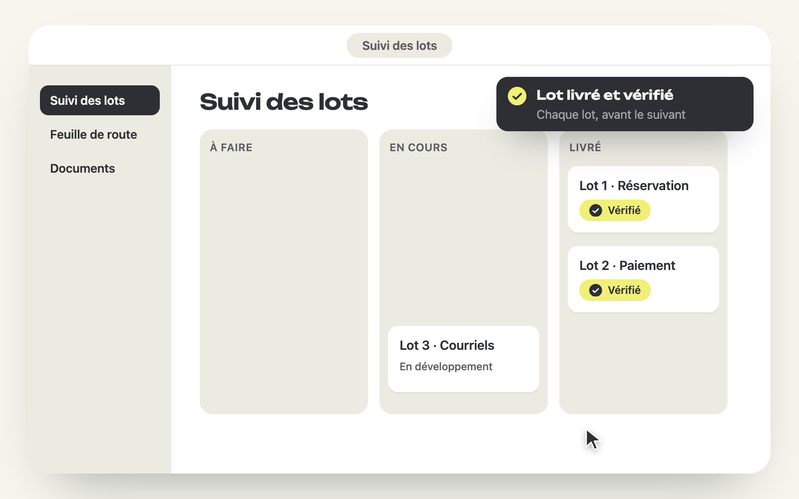 Un suivi de lots où chaque lot est livré et vérifié, démonstration