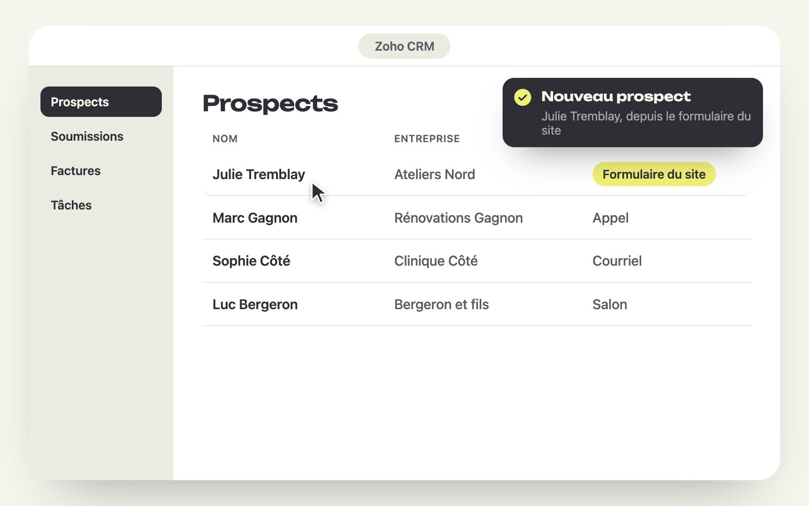 Un nouveau prospect arrivé du formulaire du site dans Zoho CRM, démonstration