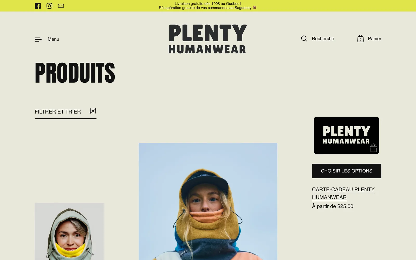 Le site plentyhumanwear.ca, tel qu'il est en ligne